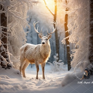 Christmas Digital Background, Christmas Digital Backdrop, White Deer on Winter Snowy Forest, Photoshop Composite, Winter Outdoor Photoshoot