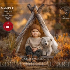 May include: A young child wearing a brown knit cap and sweater sits inside a small teepee with a white stuffed bear. The background is a blurred autumn scene with golden and brown tones. The image has the text "SAMPLE" and "GIFT".