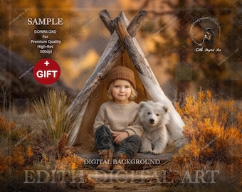 Autumn Digital Background, Fall Teepee Tent Backdrop Photography For Kids & Pets Mini Session, Outdoor Fine Art Portrait, Fall Forest Scene