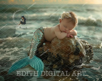 Newborn Mermaid Tail Digital Backdrop Photography Composites, Sea, Ocean, Rock, Sunset, Fantasy Background, Baby Portrait, Instant Download