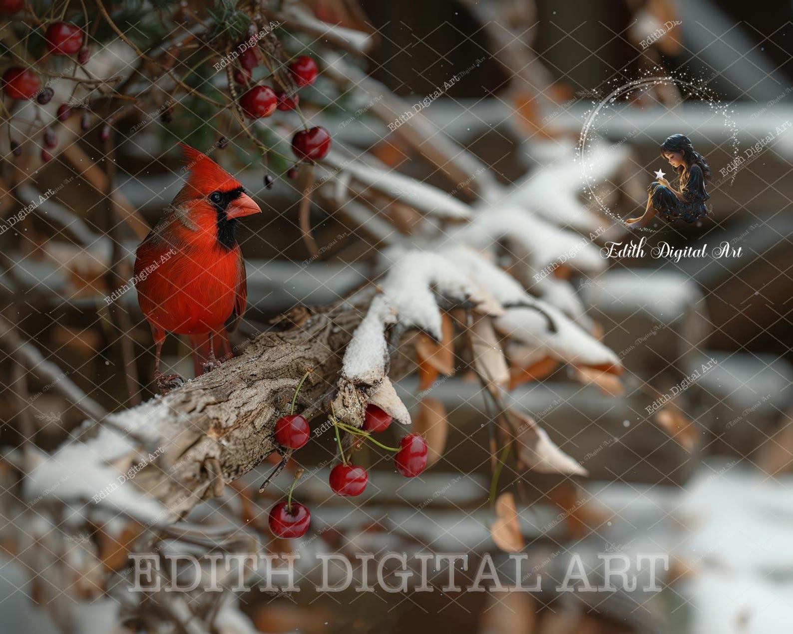Cardinal Backdrop Christmas Digital Backdrop, Red Cardinal Bird on Snowy Branch ...