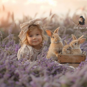 Bunnies Digital Background for Photography Composite, Purple Floral Field, Outdoor Easter Portrait, Spring Digital Background For Girl