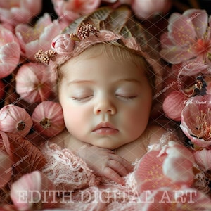 Sweet Newborn Girl Face Insert, Floral Backdrop, Add Face, Faceless, Baby Photo, Pink Bloossom, Newborn Portrait, Photography Background