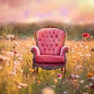 Spring Floral Field with Wild Flowers, Digital Backdrop Photography, Nature Background with Pink Chair for Portrait Photoshoot Overlay.