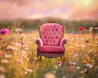 Spring Floral Field with Wild Flowers, Digital Backdrop Photography, Nature Background with Pink Chair for Portrait Photoshoot Overlay.