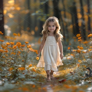May include: A young girl in a white dress walks through a field of yellow flowers. The girl is smiling and looking at the camera. The background is a blurred forest.