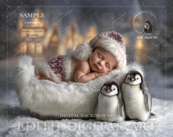 Christmas Newborn Digital Backdrop with North Pole Penguins, Winter Baby Photography Background, Little Santa Baby, Xmas Sleigh Prop Digital