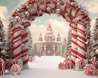 Christmas Digital Backdrop Photography, Enchanted Sweet Candycane Village Background, Fantasy Christmas Overlay Template for Kids, Toddlers