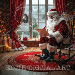 Digitale achtergrond kerstman, leeslijst voor kinderen, kerstachtergrondfotografie, magische kerstcomposiet, woonkamer, kerstraam