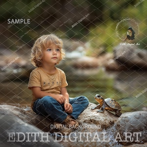 May include: A young child with blonde hair sits on a rock by a stream, looking at a small turtle. The child is wearing a yellow shirt and blue jeans. The turtle is brown and black with a yellow stripe down its back.