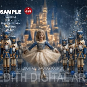 May include: A young girl in a blue and gold dress dances in front of a line of toy nutcrackers. The background features a blurred castle and falling snow. The image has the text "SAMPLE" and "DIGITAL BACKGROUNDS".