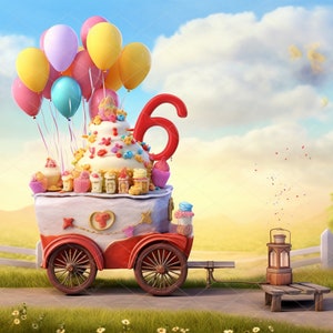 6歳の誕生日パーティーの背景、子供の誕生日の構成のためのファンタジーケーキの村、6歳の誕生日のオーバーレイ、誕生日カートのデジタルダウンロード、