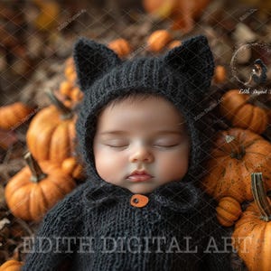 Op de afbeelding: Een baby in een zwart gebreid kattenkostuum slaapt omringd door oranje pompoenen. De baby draagt een zwart gebreid kattenkostuum met grote oren en een capuchon. De baby is omringd door oranje pompoenen van verschillende groottes.