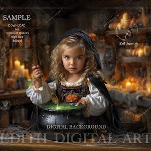 May include: A young girl dressed as a witch stirring a green potion in a black cauldron. She wears a black cloak and a dress with a pumpkin design. The background features a warm, candlelit scene, creating a Halloween or fantasy theme.