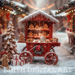 クリスマスのデジタル背景写真、ジンジャーブレッドの木製カート、ジンジャーブレッドショップ、雪の降る通りのデジタル背景合成 + 雪のオーバーレイ。
