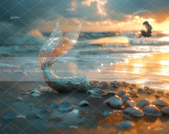 Fondo digital de sirena para fotografía, cola de sirena, niña de cuento de hadas, concha, roca y océano. Descarga instantánea.
