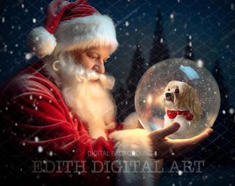 Weihnachtsmann hält Schneekugel-Hintergrund, Weihnachtsmann mit Kristall-Schneekugel-Hintergrund, Weihnachts-Digitalfotografie-Verbundstoff. Photoshop-Overlay