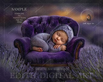 Newborn Digital Backdrop, Purple Flower Chair Digital Prop, Studio Background Composite, Lavender Field, Fine Art Portrait, Instant Download