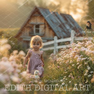 Spring Digital Backdrop Composite, Easter Digital Background Photography, Purple Floral Farm Field, Nature Outdoors Photoshoot Download