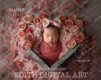 Newborn Digital Backdrop for Photography Composite, Newborn Valentine Heart Bowl Digital Prop, Baby Girl Backdrop Studio Background Digital