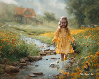 Spring Digital Background Farm River With Duck Digital Backdrop Photography Summer Floral Field Creative Composite Images, Instant Download
