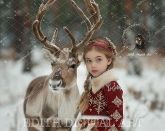May include: A young girl in a red dress with snowflake embroidery stands next to a reindeer in a snowy winter scene. The girl is wearing a headband and has long blonde hair. The reindeer has brown antlers and a white face.