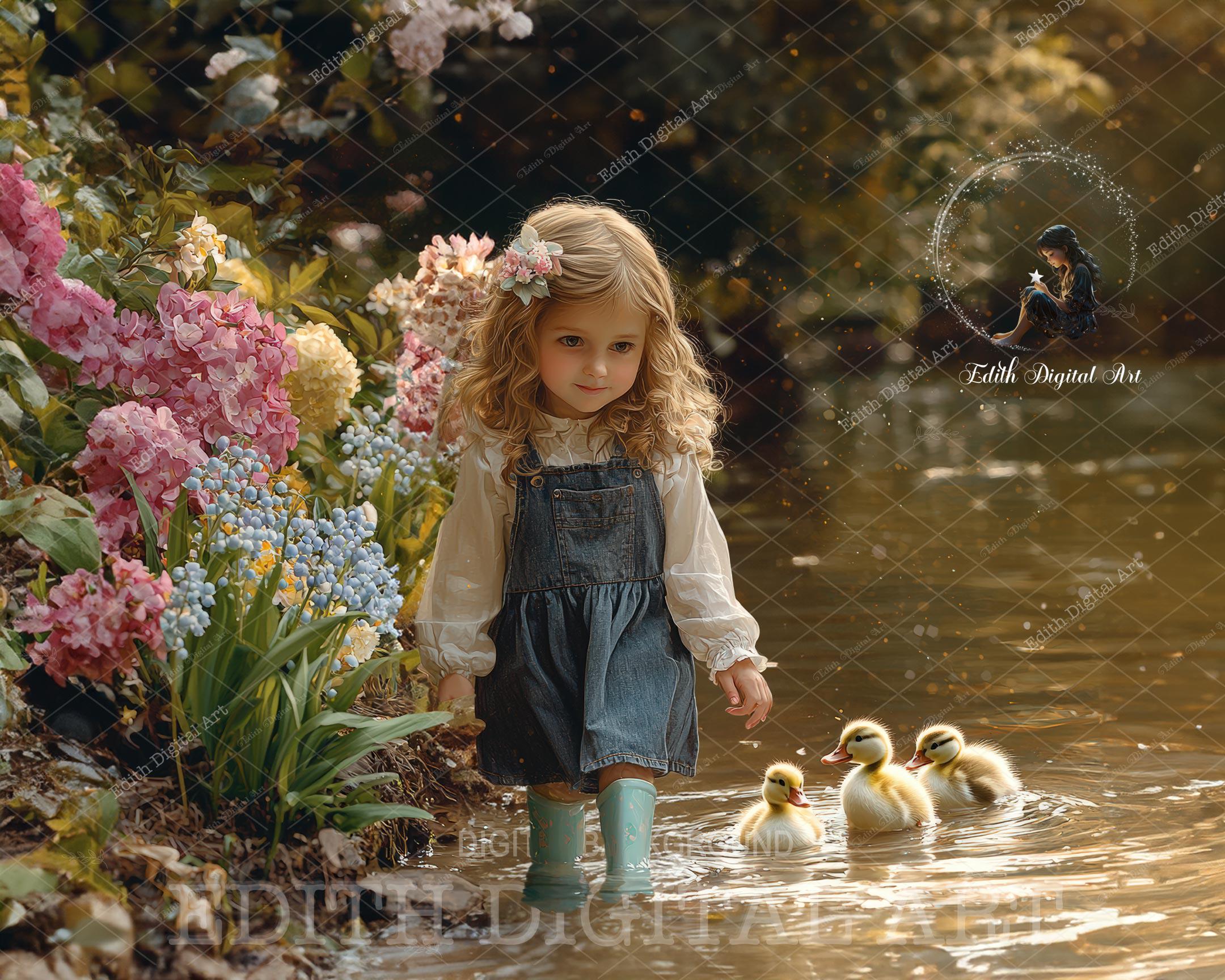 Spring Portrait Ducklings Spring Digital Backdrop Composite, Ducklings Pond, Floral Garden ...