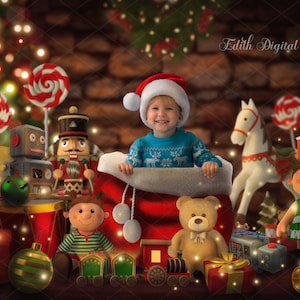 Cenário digital de Natal, Saco de brinquedos do Papai Noel, Cenário digital de oficina do Papai Noel, Composição fotográfica de feriados, Cena mágica de Natal.