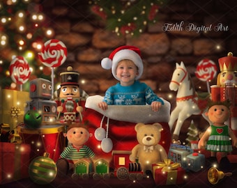 Christmas Digital Backdrop, Santa's Bag Of Toys, Santa Workshop Digital Backdrop, Holidays Photography Composite, Magical Christmas Scene