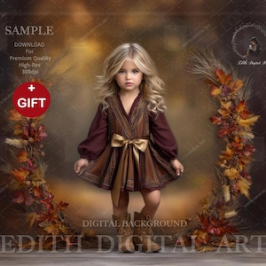 May include: A young child wearing a brown and burgundy dress with a gold bow, standing in front of a fall-themed backdrop. The image includes text that says "SAMPLE", "DOWNLOAD", "GIFT", and "DIGITAL BACKGROUND".