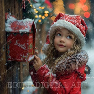 Fondo digital navideño con cartas a Papá Noel, fondo digital festivo, buzón rojo, pueblo callejero, descarga instantánea.