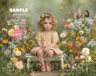 Spring Digital Backdrop, Floral Garden and Rustic  Wooden  White Bench, Fine Art Outdoor Photography Background Composite. Instant Download