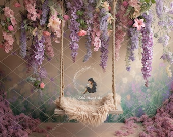 Floral Swing For Newborn Photography, Newborn Girl Backdrops, Spring Digital Background Baby Girl Composite, Digital Photo Prop, Add Pets 2