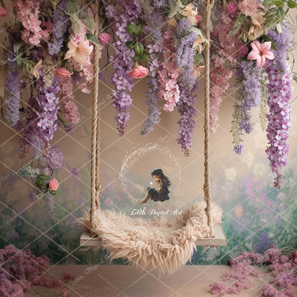 Floral Swing For Newborn Photography, Newborn Girl Backdrops, Spring Digital Background Baby Girl Composite, Digital Photo Prop, Add Pets 2