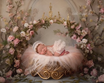 Prinses pasgeboren digitaal bed, pasgeboren digitale achtergrond, bloemen gouden babybedje, pasgeboren composiet fotografiestudio, lente digitale foto