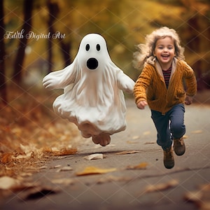 Puede incluir: Una niña con un suéter amarillo y pantalones vaqueros azules corre por un sendero del bosque con un fantasma blanco siguiéndola.