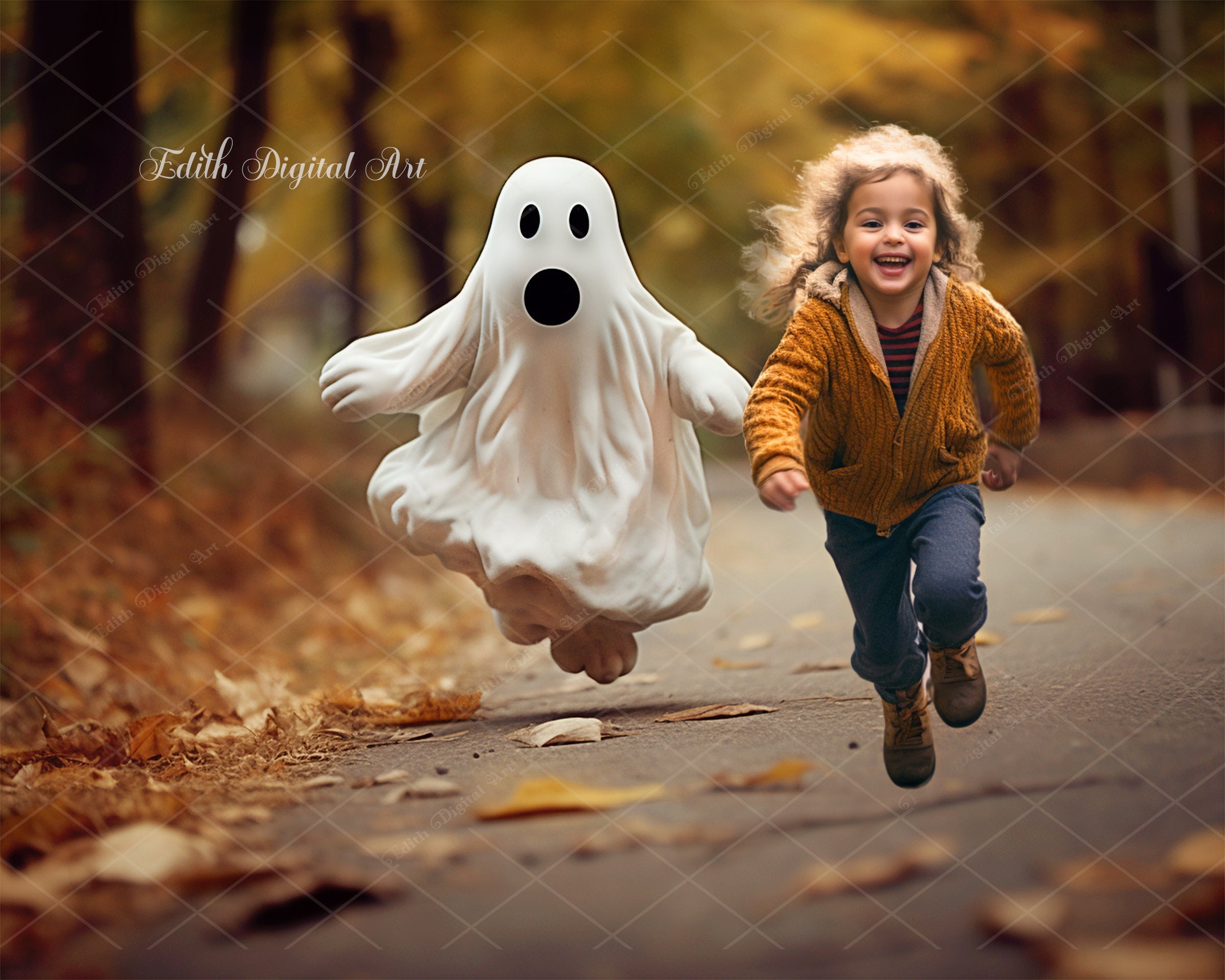 Halloween Digital Backdrop Composite, Scary Ghost Running on Halloween Digital Backdrop Composite, Scary Ghost Running on