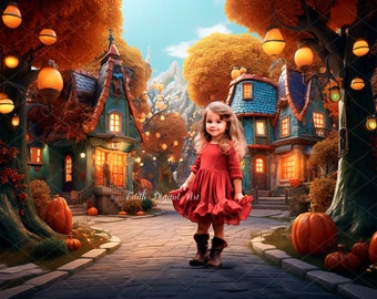 Toile de fond numérique d'automne, fond numérique de village de conte de fées, composite de photographie d'enfants pour l'automne, téléchargement d'impression d'art de fond d'automne