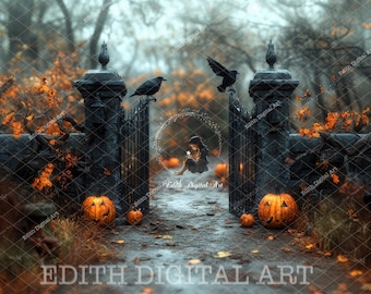 Halloween Digital Backdrop Photography, Cemetery Gate, Crow, Pumpkins, Road, Path, Fall Background, Halloween Composite, Scare Door Download