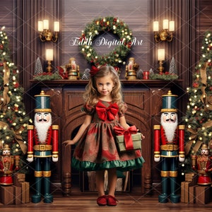 May include: A young girl in a red and green dress stands in front of a fireplace decorated for Christmas.  She is holding a wrapped gift.  Two nutcracker figurines stand on either side of her.  The fireplace is decorated with a wreath and lights.  The text "Edith Digital Art" is visible above the fireplace.