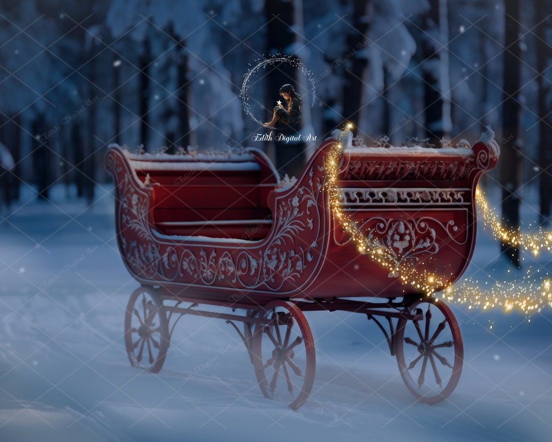 Christmas Digital Backdrop Enchanted Red Sleigh At Snowy Etsy