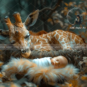 May include: A baby sleeping peacefully on a furry brown blanket with a giraffe lying on top of the blanket. The giraffe has a brown and white spotted pattern.