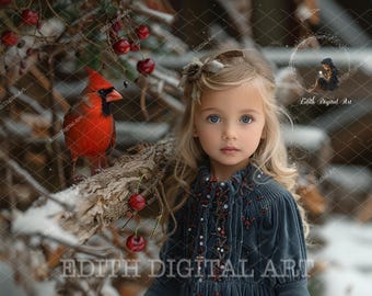 Christmas Digital Backdrop, Red Cardinal Bird on Snowy Branch, Christmas Digital Background Photography Portrait Outdoors, + Snow Overlay