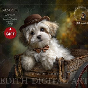 May include: A fluffy white and tan puppy wearing a brown hat and bow tie sits in a wooden wagon. The puppy is the focal point, with a blurred background. The image has a vintage aesthetic.