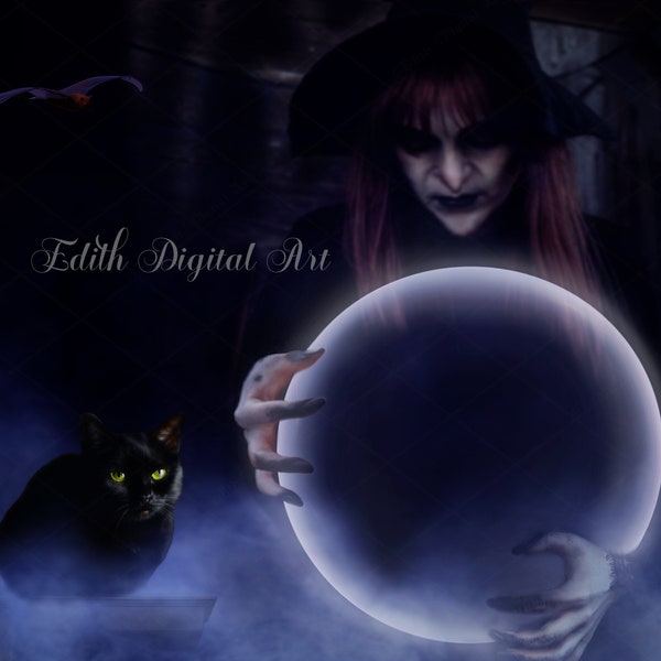 Witch Digital Background for Halloween Photography Composite. Add your Toddler  Kids Photo on the Crystal Ball. Magic Backdrop Photoshop.