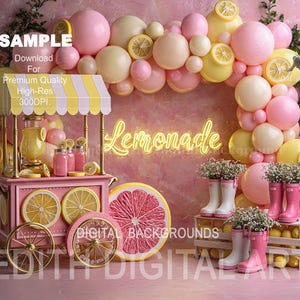 May include: A digital backdrop featuring a pink lemonade cart with yellow and white striped awning, a balloon arch with lemon accents, a neon Lemonade sign, and pink rain boots filled with flowers on a wooden crate filled with yellow lemons.