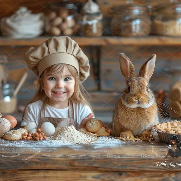 Easter Digital Backdrop, Cooking with Easter Bunny, Fun Fantasy Backdrop for Kids Easter Portrait Studio Background Photo Composite Download