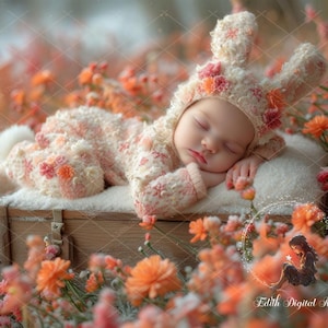 Fundo digital para fotografia de recém-nascidos com coelho da Páscoa, composição de fundo para recém-nascidos, coelho em campo floral na primavera, modelo para bebê menina na primavera