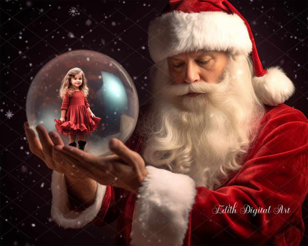 Santa Holding Snow Globe Backdrop, Santa Claus With Crystal Snowglobe