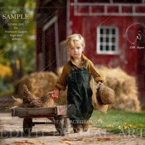 Herbst Digitaler Hintergrund, Herbst rote Scheunenstraße, Tierwagen, rustikaler Zaun- & Landlandschaft, feiner Kunsthintergrund für Kinderfotografie